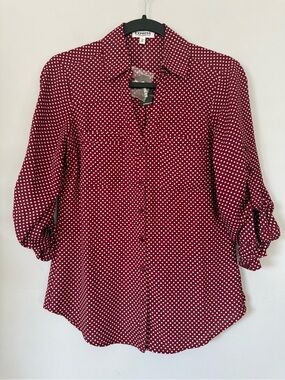 Express The Portofino Shirt Burgundy Polka Dot Button Front Blouse Size XS